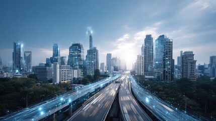 Fototapeta premium Stunning Urban Skyline with Modern Skyscrapers and Futuristic Digital Effects Representing Technology and Connectivity in a Bustling Metropolis