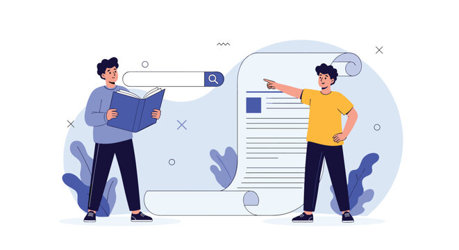 Two men interacting with a giant search bar and a long document scroll for information gathering and study.