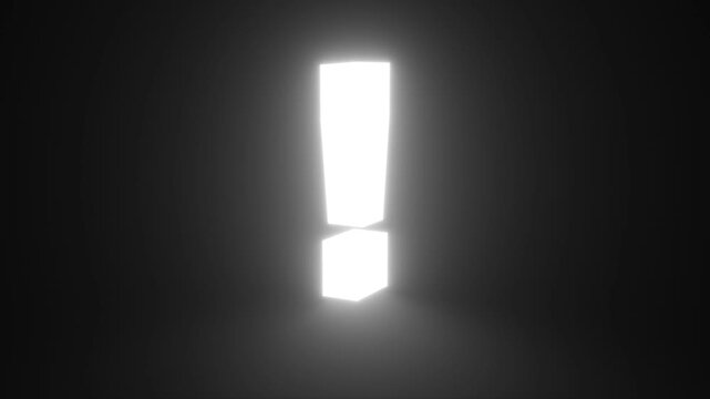 Exclamation White Color Mark Glowing and Rotating on Black Background