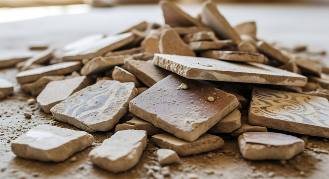 Broken Tiles: Close-up of fragmented ceramic tiles, remnants of renovation or damage, scattered on a surface, reflecting a sense of demolition.