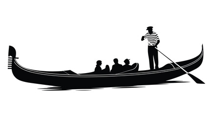A gondola with a striped shirted gondolier and passenger is depicted in a stark black silhouette, high quality professional detailed modern elegant ©  MUNNA 1