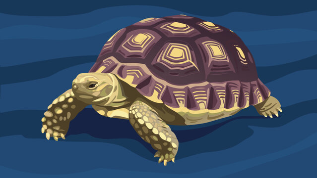 Tortoise walks across a solid blue background in this detailed digital animal illustration.