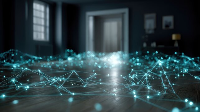 Futuristic Digital Floor With Abstract Network Connections And Glowing Dots In A Modern Room Setting For Technology Concepts And Innovation Backgrounds