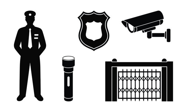 Collection of security icons including guard flashlight badge surveillance camera and gate, vector illustration