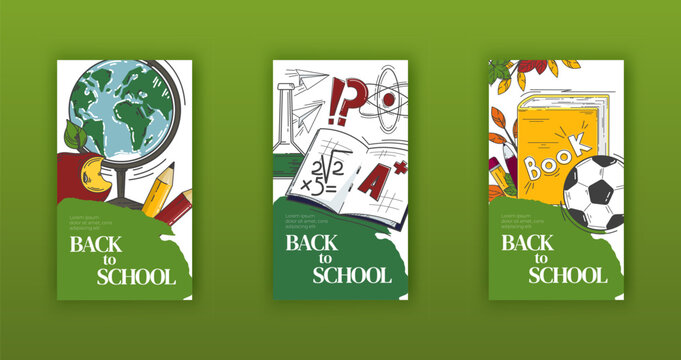 Back to school vector banners set. Education elements flyer composition. Kids posters collection. Childish style advertising template. Vertical layout. Math, chemistry class. Textbook, supplies store