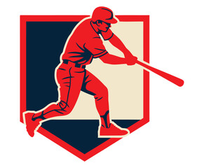 A vintage style shield features a baseball player in mid swing, dynamic silhouette composition, high quality professional detailed modern vector illustration for sports ©  MUNNA 1