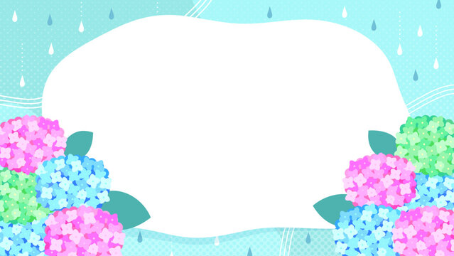 アジサイと雨模様の梅雨のフレーム背景素材（フルHDサイズ・16:9）