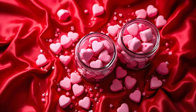 Valentine candy jars filled with pink sweets
