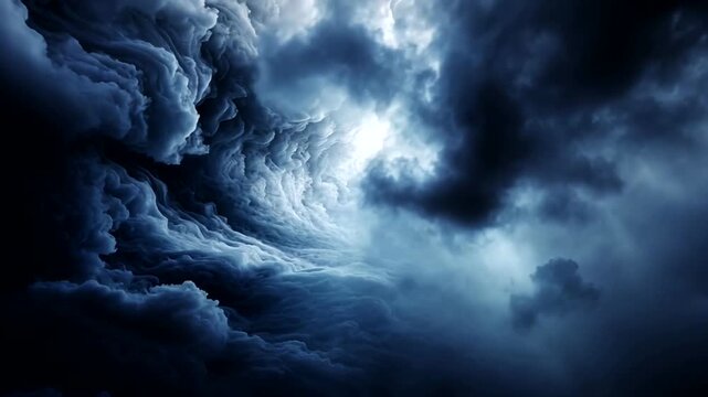 Swirling, textured, and moody abstract image features a vortex of dense, dark blue clouds