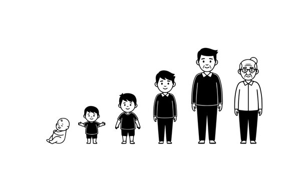 Black and white male life stages progression from newborn to elderly man cartoon vector illustration