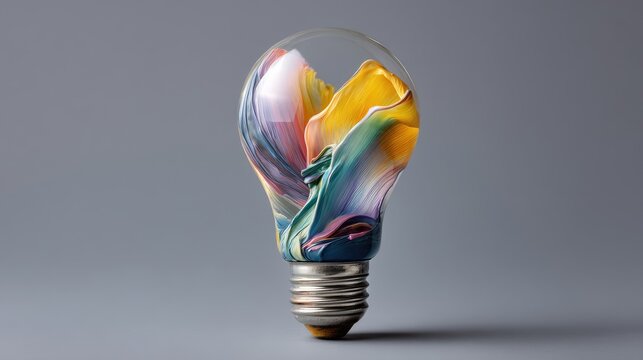 Colorful abstract paint swirl inside a light bulb conveying creativity, inspiration, and innovative ideas captured in a minimalist studio setting