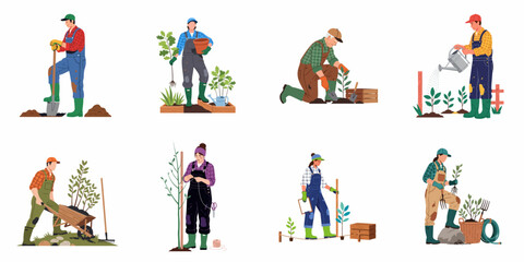 Fototapeta premium Set of Flat Vector Illustrations Featuring Diverse People Engaged in Gardening, Planting Trees, and Maintaining Plants Using Various Gardening Tools.