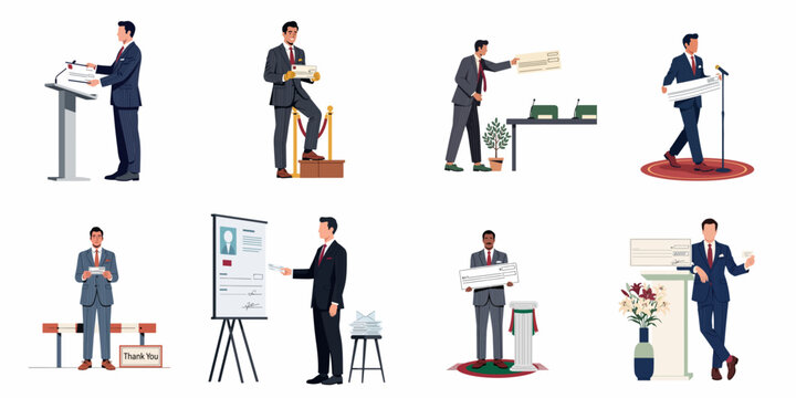 Set of professional businessmen in formal suits presenting, receiving, and signing bank checks in various ceremonial, business award, and donation settings.