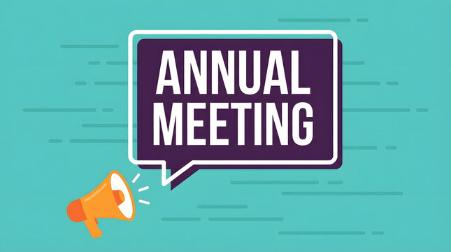 Bright orange megaphone announces an annual business meeting in a clean modern flat design vector illustration
