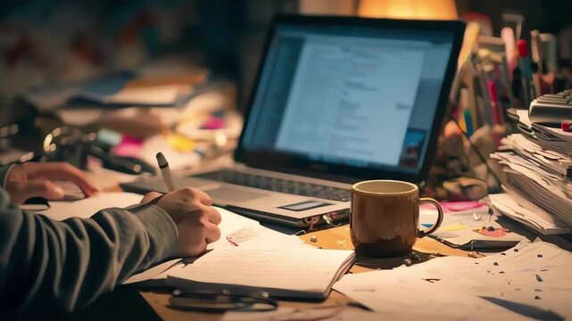 Student studying late at night on a messy desk with laptop