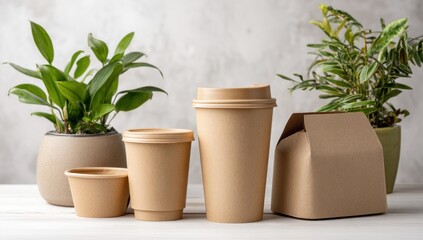 Fototapeta premium A collection of eco-friendly paper containers alongside green plants, showcasing sustainable packaging and a natural aesthetic.