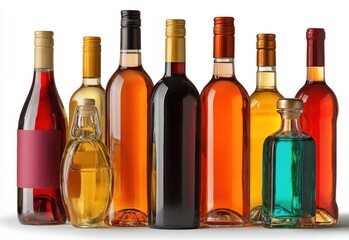 Obraz premium A colorful array of bottles featuring various types of drinks, including wine and spirits, displayed in an elegant arrangement.