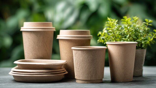 Eco-friendly disposable cups and plates with a small plant, set against a blurred green background, promoting sustainable living.