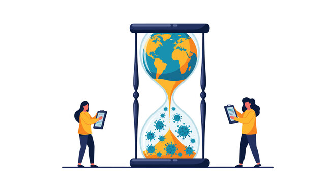 Large hourglass with the earth on top and virus particles on the bottom symbolize time running out for the global pandemic.