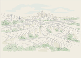 Naklejka premium Minimal Highway Interchange Cityscape Line Art