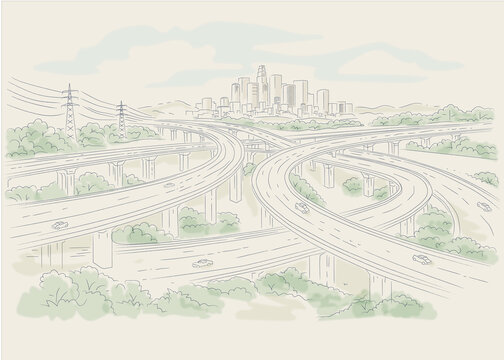 Minimal Highway Interchange Cityscape Line Art