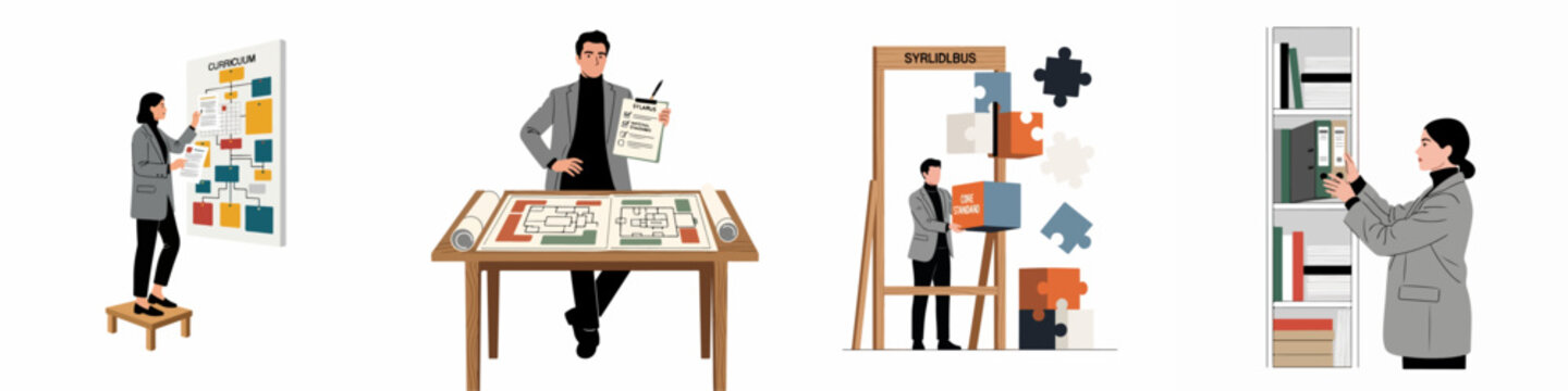 Set of flat illustrations depicting professionals developing educational curriculum, syllabus planning, core standard implementation, and organizing academic resources.