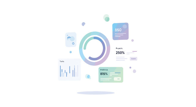 Modern Business Data Visualization Dashboard with Donut Chart and Bar Graphs on White Background