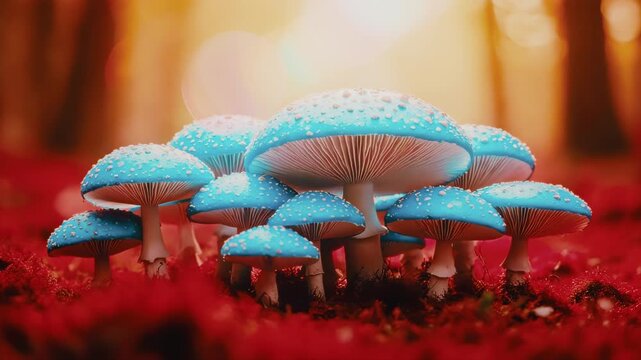 Surrealism Motion of Blue Mushrooms on Red Ground