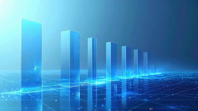 Blue gradient background with rising columnar shapes and data visualization effect