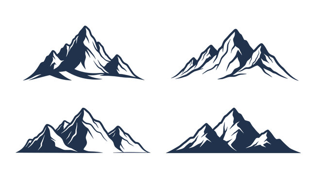 Set of four mountain peak silhouettes in hand-drawn sketch style for outdoor adventure logos, hiking travel, and nature landscape designs.