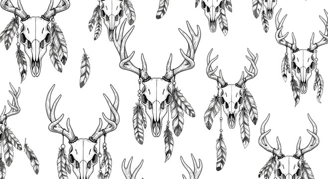 Deer skull with feathers and beads seamless pattern in hand-drawn bohemian style for western fashion, tribal decor, and nature backgrounds.