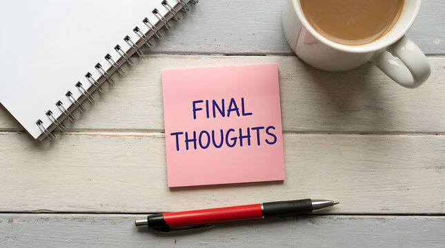 Pink sticky note FINAL THOUGHTS on light wooden desk with notebook pen and coffee mug for reflection