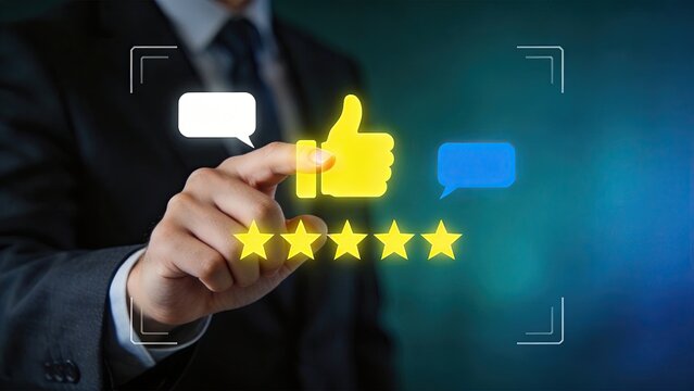 Businessman touching glowing thumbs up icon with five star rating digital interface feedback review customer satisfaction approval social media virtual screen success