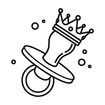 Black and white line drawing of a pacifier with a crown on it surrounded by bubbles icon