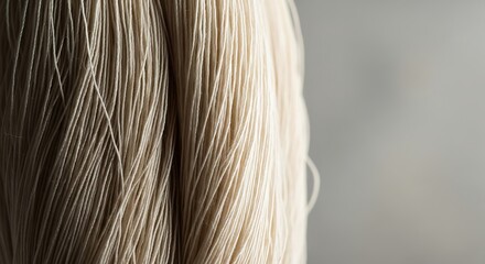 Naklejka premium Close up of natural beige linen threads bundled together creating a soft textured background for crafts and textiles