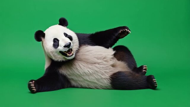 Playful giant panda lying on back in vibrant green studio setting, relaxed wildlife portrait