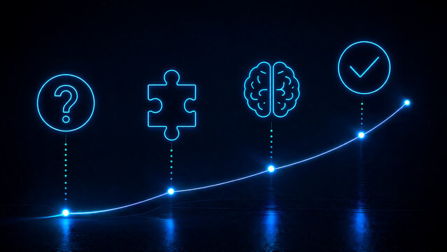 Neon blue problem solving icons representing creative brainstorming process evolving from initial confusing question mark through complex puzzle piece and human brain to final solution