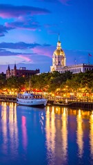 Obraz premium A serene cityscape at dusk with a large white building and a boat on the water