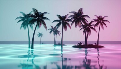 Obraz premium Tropical palm silhouette glowing over lagoon water, cyan magenta gradient reflection, dreamy cinematic scene