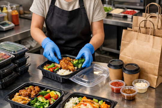 Meal prep food packaging in professional kitchen