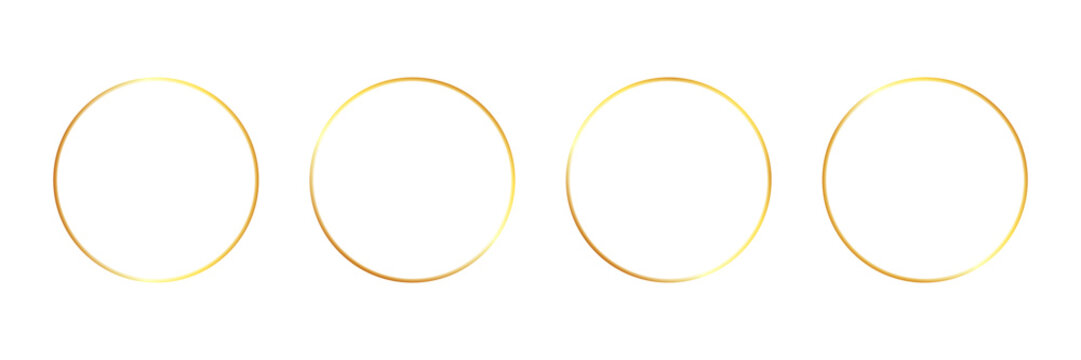 Gold golden frame ring set. Gold circular round frame line glitter luxury thin outline border. Whimsical doodle sparkle light metal effect for wedding logo decoration. Vector illustration