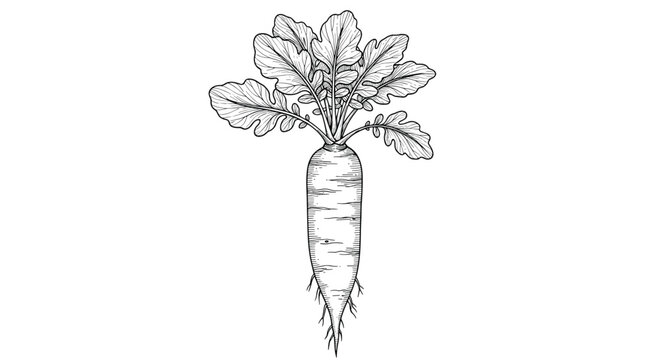 Detailed vintage style sketch of a white radish or daikon with its leafy top and roots shown in a classic botanical engraving format.