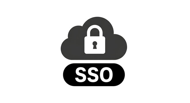 Dark gray cloud with a white padlock symbol and the text sso in a rounded black rectangular box security