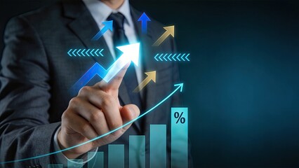 Naklejka premium Businessman in suit interacting with digital interface touching holographic upward arrows and bar charts symbolizing growth success data analysis financial strategy corporate