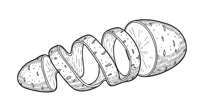 Hand drawn sketch of a potato with a continuous spiral peel being removed showing the raw inner flesh in a vintage engraving style.