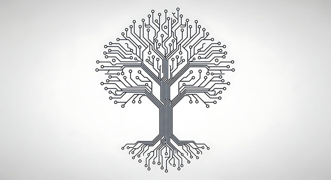 Digital tree formed by blue circuit board lines and nodes on a gradient gray background, technology