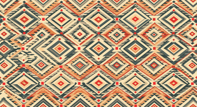 Seamless ethnic geometric pattern featuring diamond shapes and zigzag lines in earthy tones of orange, brown, and grey for textile design.