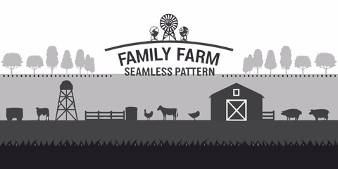 A grayscale farm scene with buildings animals and a decorative banner © John Lee
