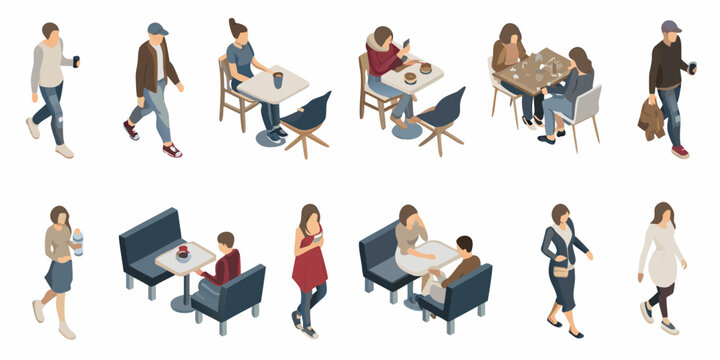 Isometric illustration depicting people socializing and enjoying outdoor cafe scenes