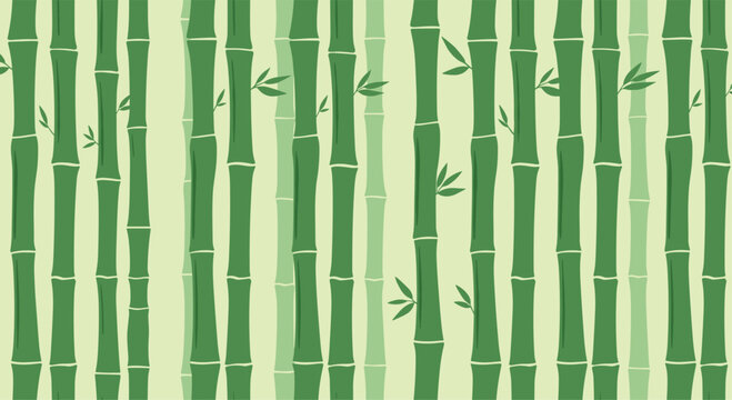 Calm and minimal pattern showing green bamboo stalks with small leaves in a repeat design for a zen and natural atmosphere.